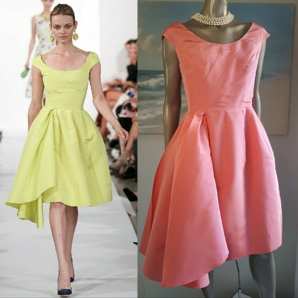 Oscar de la Renta Coral Pink Satin Fit-and-Flare Midi Dress